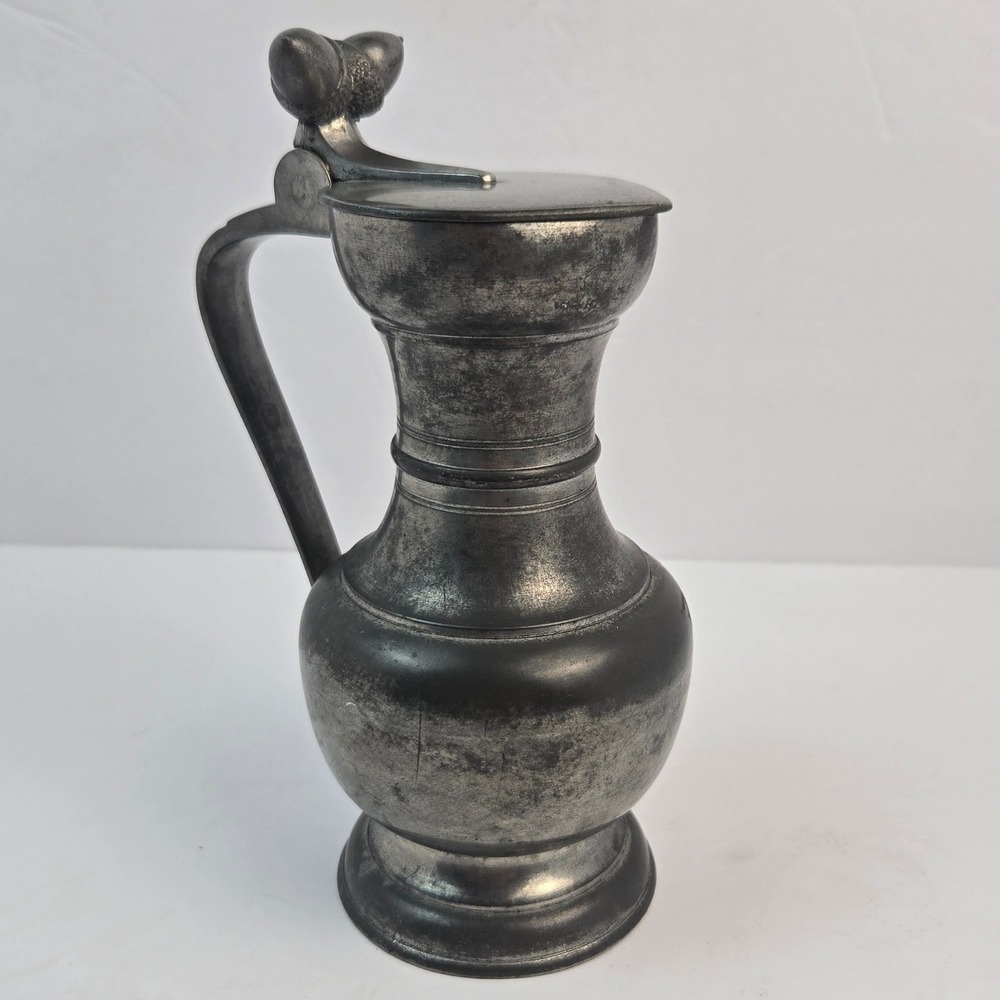 Vintage Pewter Lidded Flagon Pitcher Acorn Thumb Lift Crown Rose Hallmark 8.25"